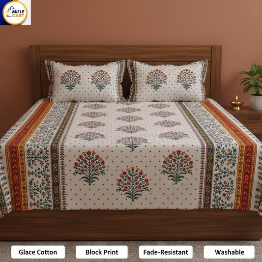 White Mughal Garden Glace Cotton King Bed Sheet with 2 Pillow Covers