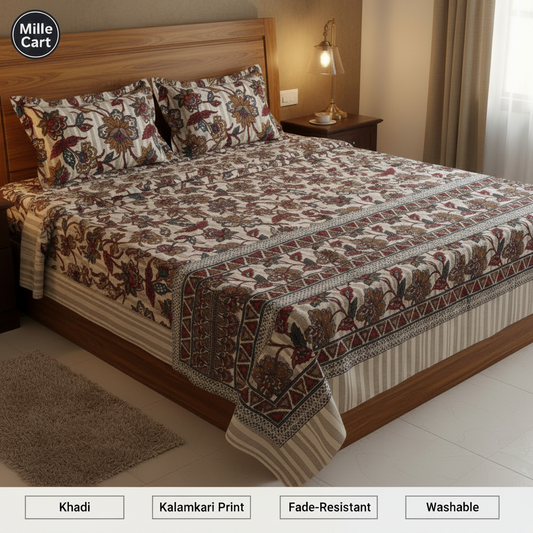 Cream Khadi Kalamkari Jacobean Double Bed Sheet with 2 Pillow Covers