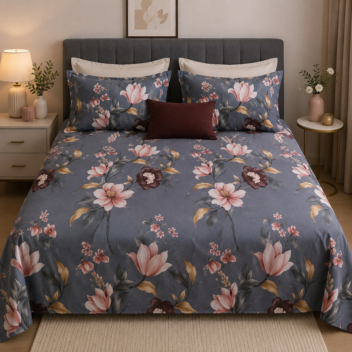 Petals Glace Cotton Double Bed Sheet Printed with 2 Pillow Covers