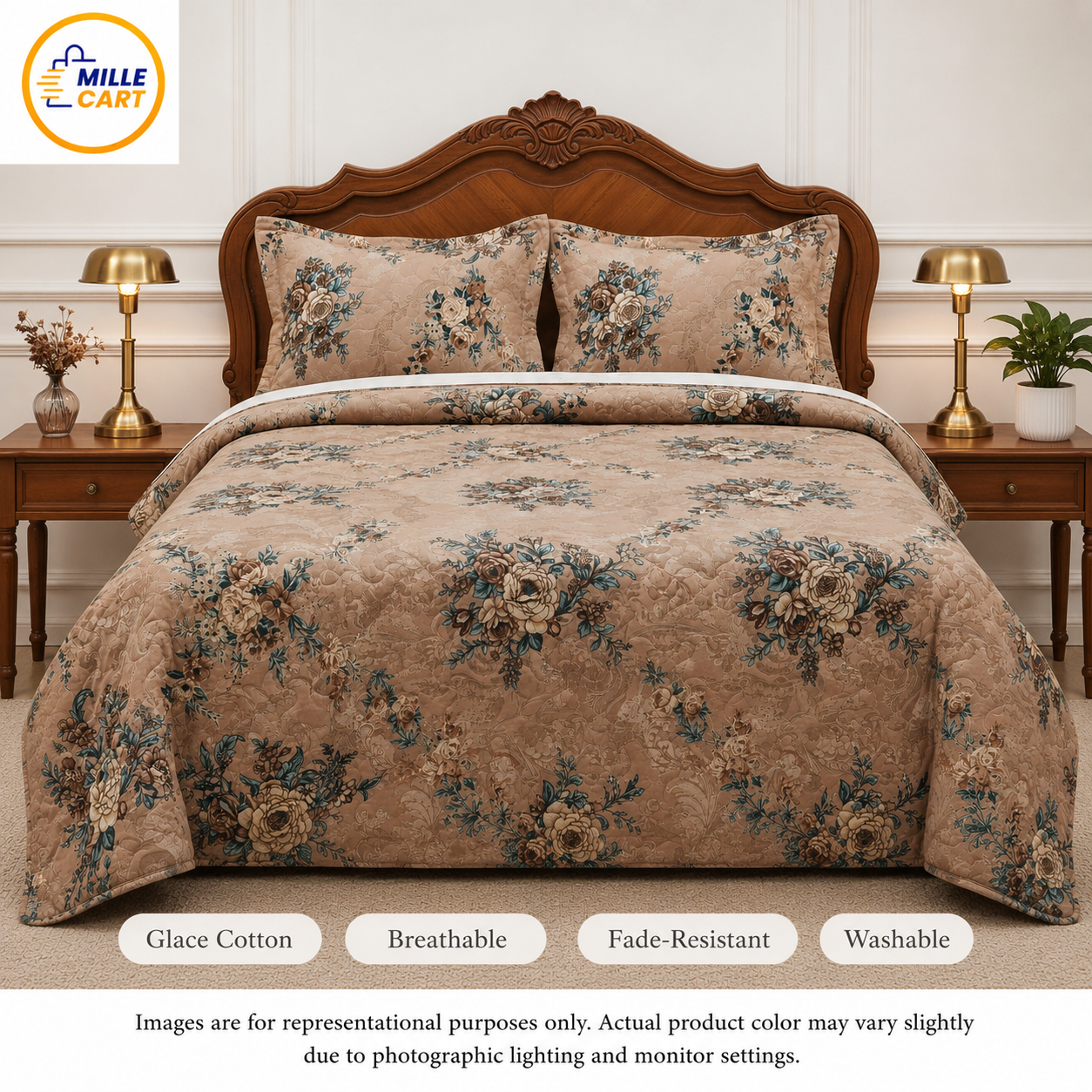 Taupe Vintage Rose Bouquet Quilted Bed Cover with 2 Pillow Covers