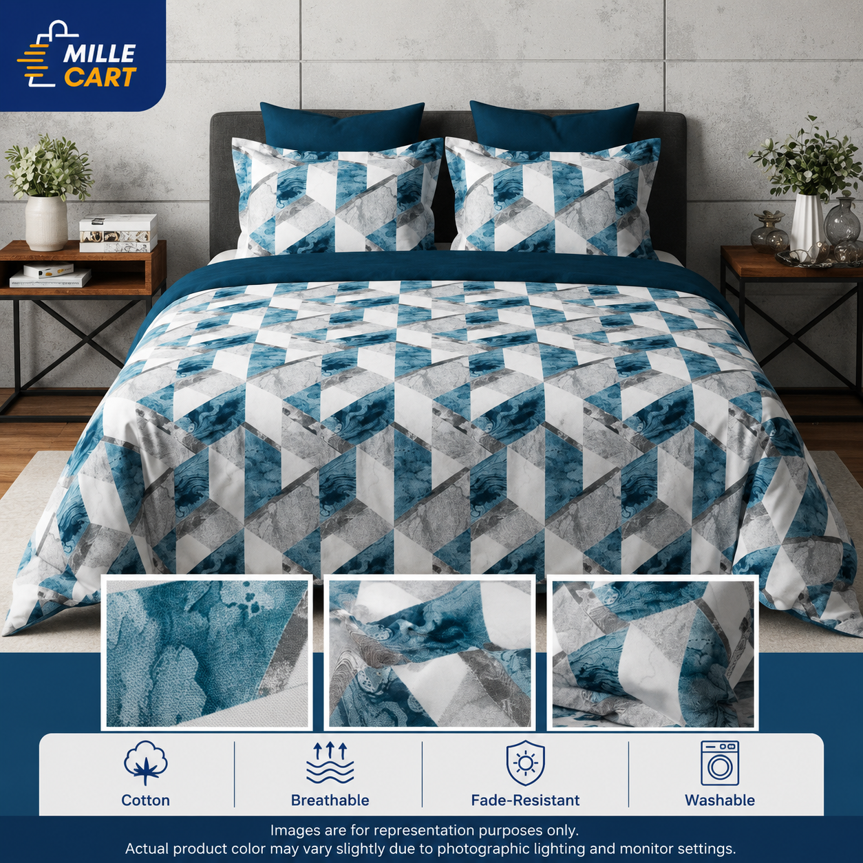 Marble Geometric Double Bed Sheet 100% cotton with 2 Pillow Covers