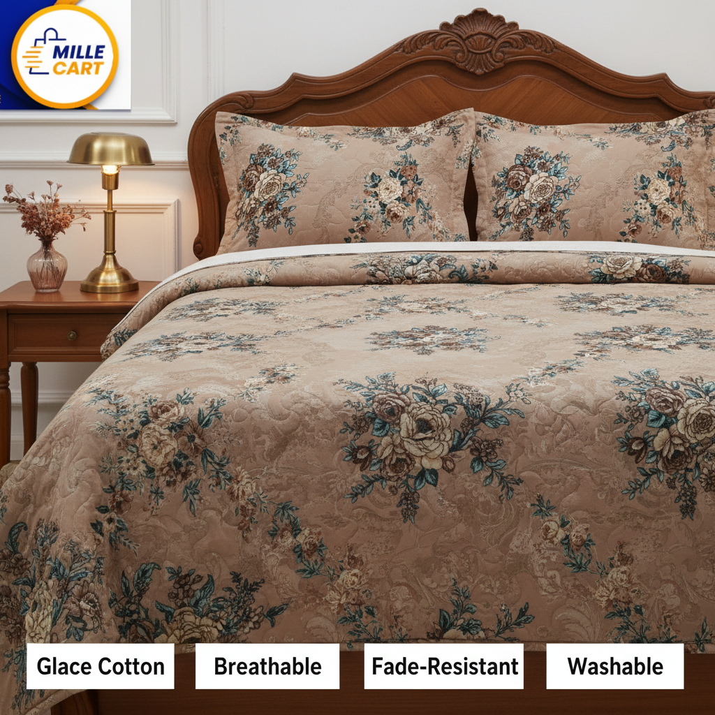 Taupe Vintage Rose Bouquet Quilted Bed Cover with 2 Pillow Covers