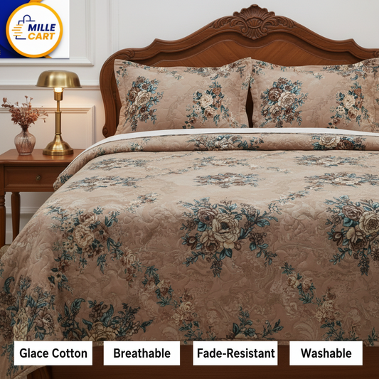 Taupe Vintage Rose Bouquet Quilted Bed Cover with 2 Pillow Covers
