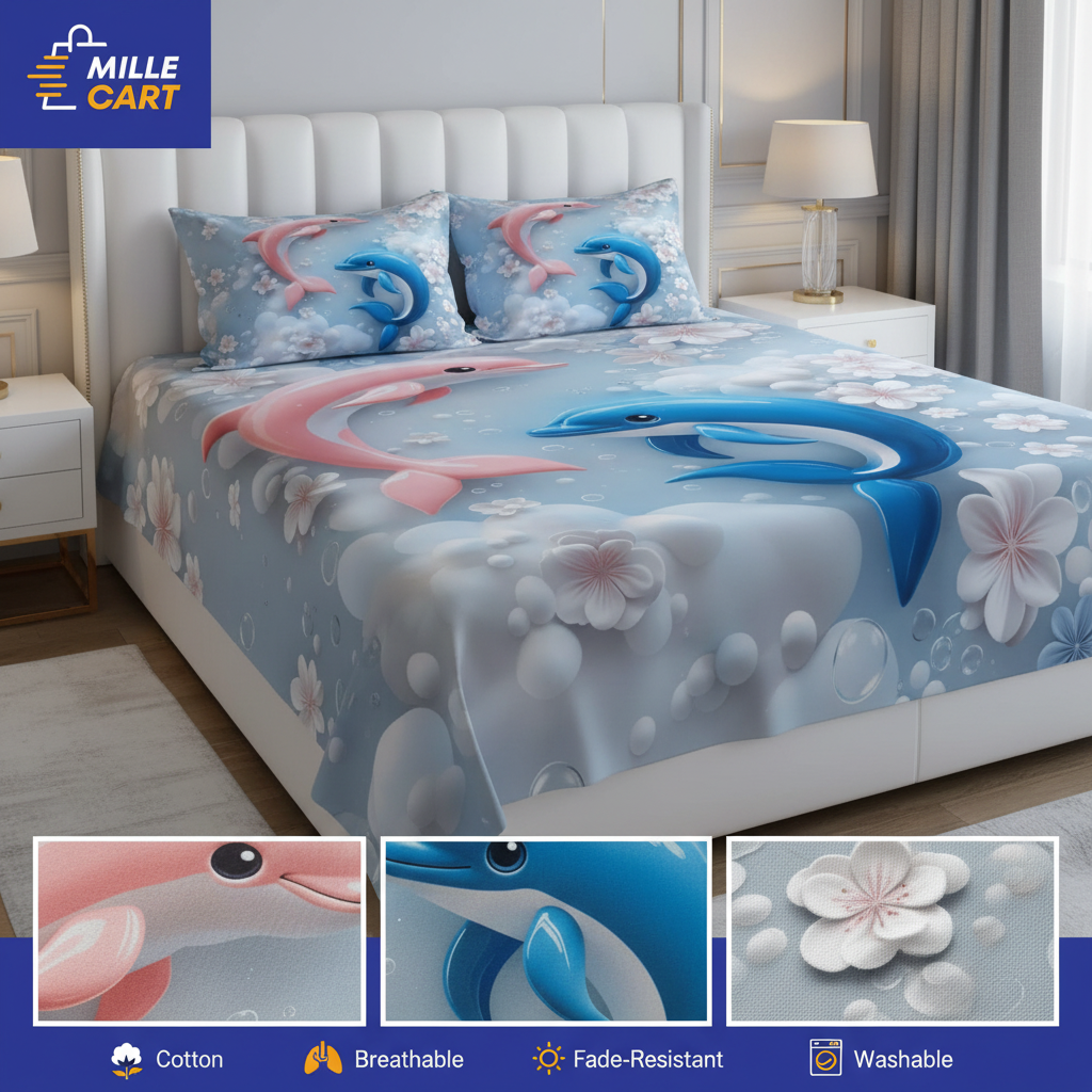 7D Dolphin Double Bed Sheet with 2 Pillow Covers