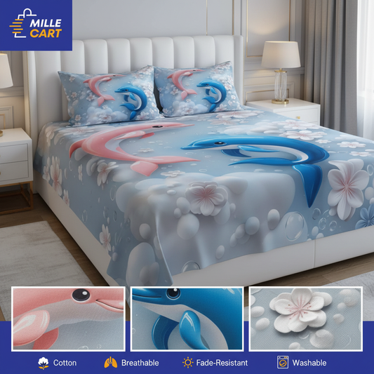 7D Dolphin Double Bed Sheet with 2 Pillow Covers