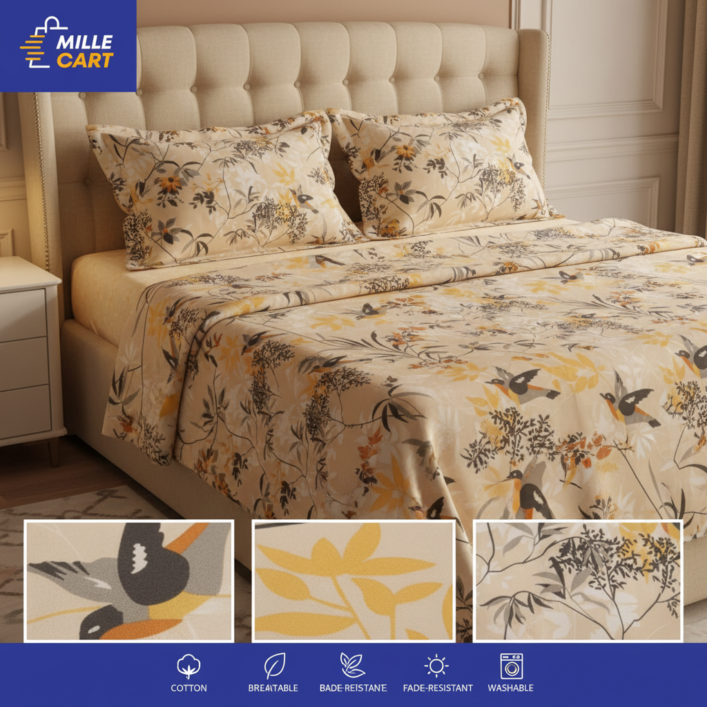 Cream Bird & Botanical Autumn Double Bed Sheet with 2 Pillow Covers