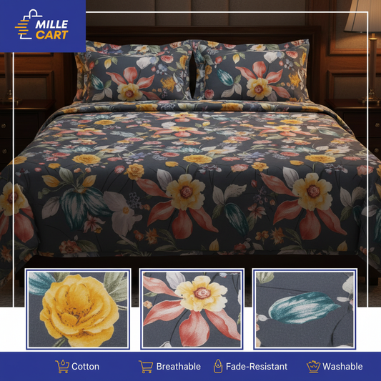 Dark Slate Blue Botanical Floral King Bed Sheet with 2 Pillow Covers