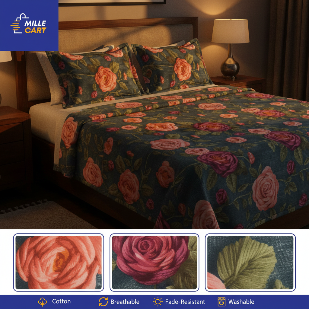 Dark Teal 3D Rose Digital Art Double Bed Sheet with 2 Pillow Covers