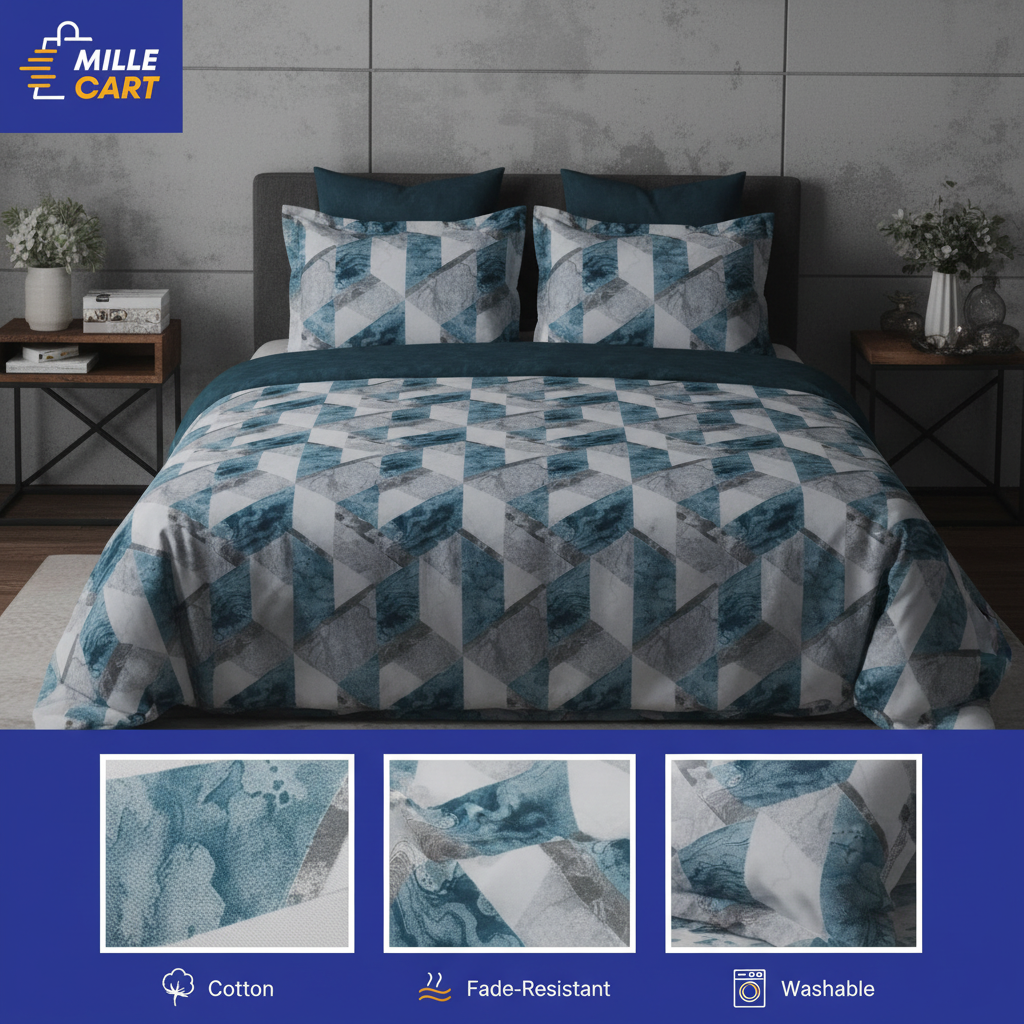 Marble Geometric Double Bed Sheet with 2 Pillow Covers