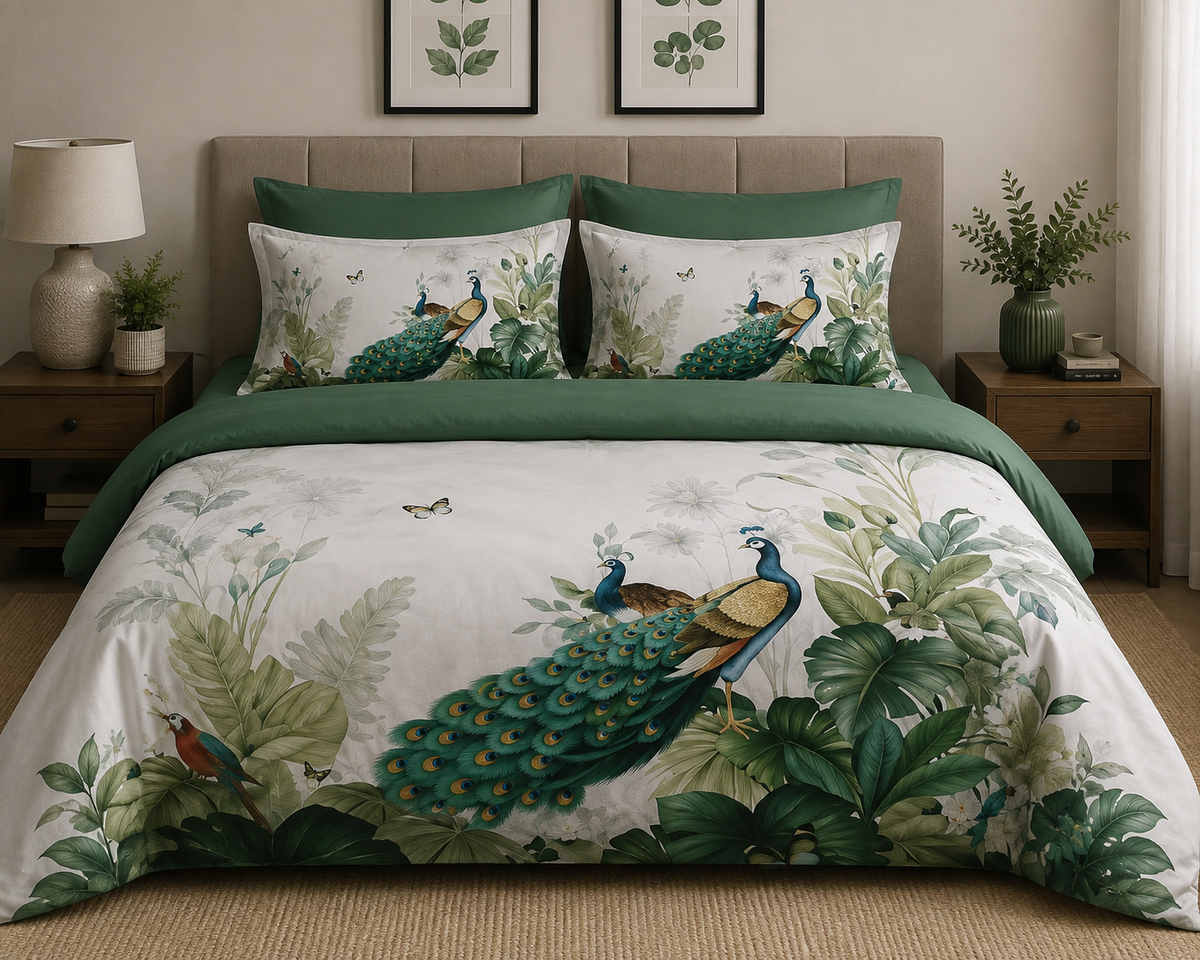 Paris Beauty King Size Bedsheet Set - Peacock Garden Bloom Design