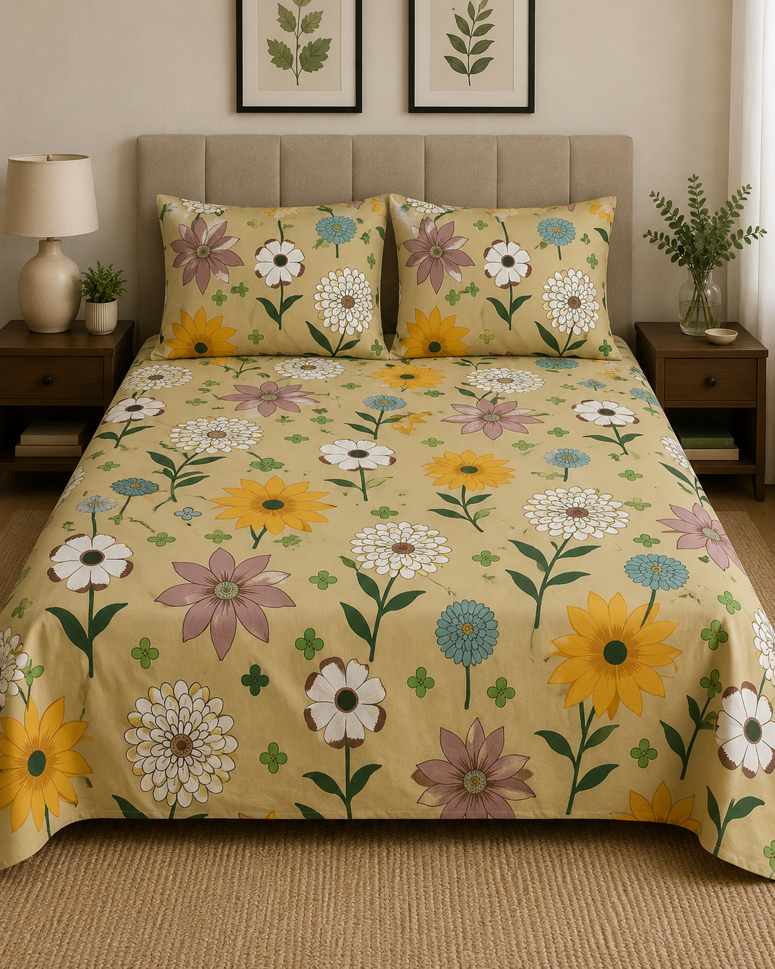 Parker King Size Bedsheet Set - Golden Meadow Floral Design