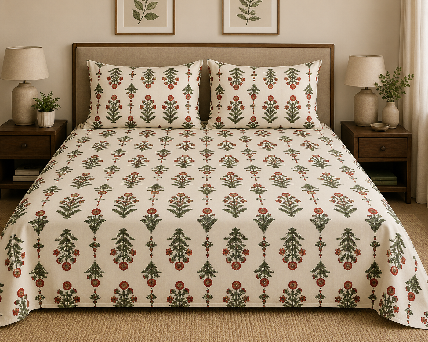 Parker King Size Bedsheet Set - Heritage Botanical Stripe Design