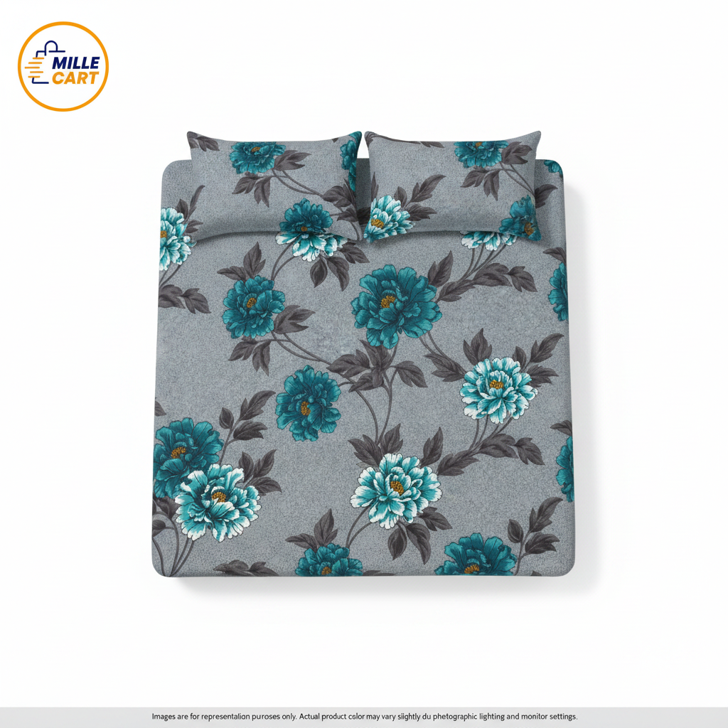 Teal Peony Grey-Blue Bedsheet